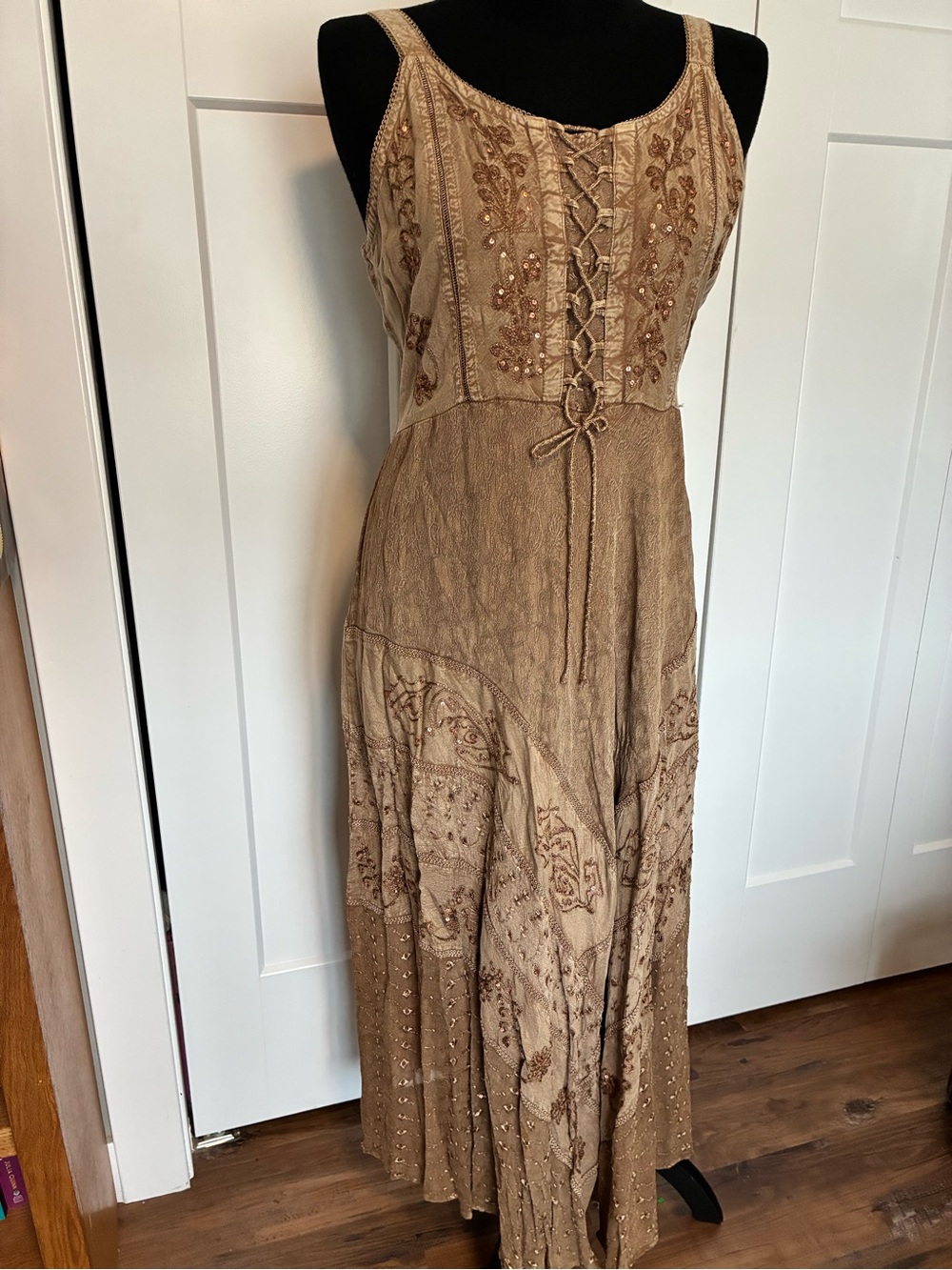 Magic M Tan Embellished Lace-Up Boho Maxi Dress Ren Faire Festival Corset
